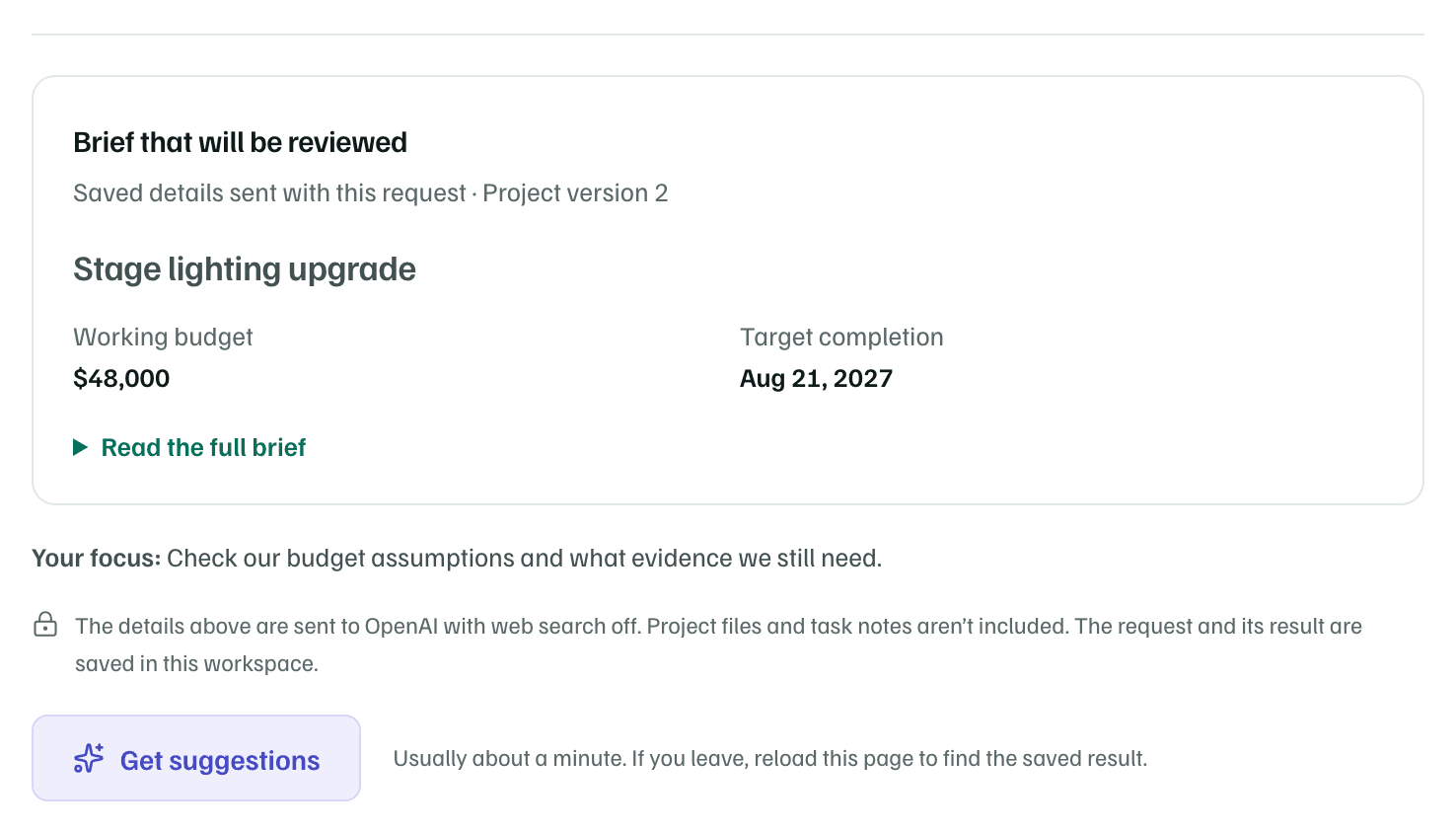 The coach's review step: the saved brief that will be reviewed, the chosen focus, what is sent to OpenAI, and the Get suggestions button.