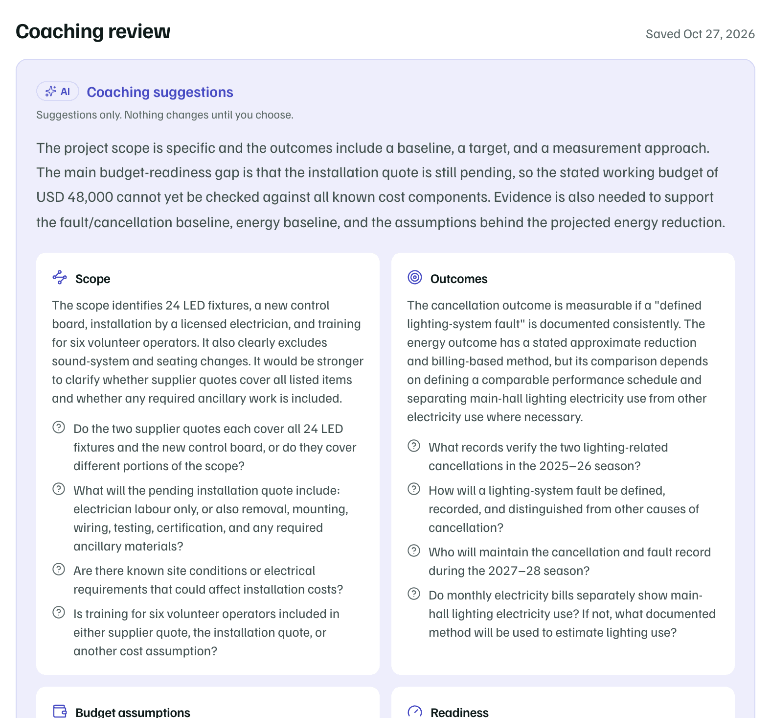 A saved coaching review: the coach's summary, then its notes and questions on Scope and Outcomes, with Budget assumptions and Readiness starting below.