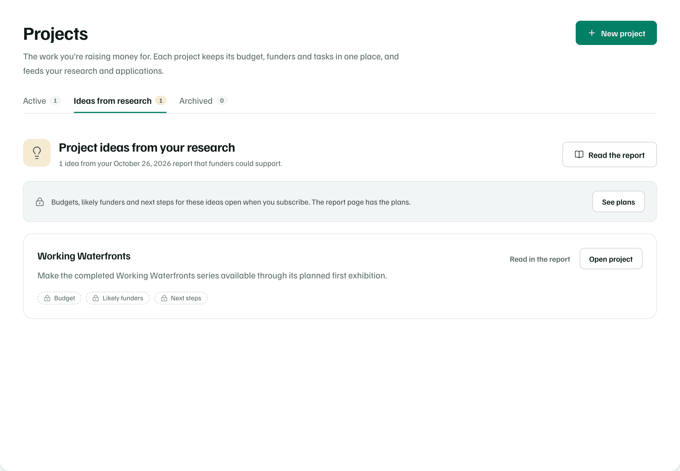 Ideas from research on the Free plan: one idea's title and summary, with its budget, likely funders and next steps locked until you subscribe.