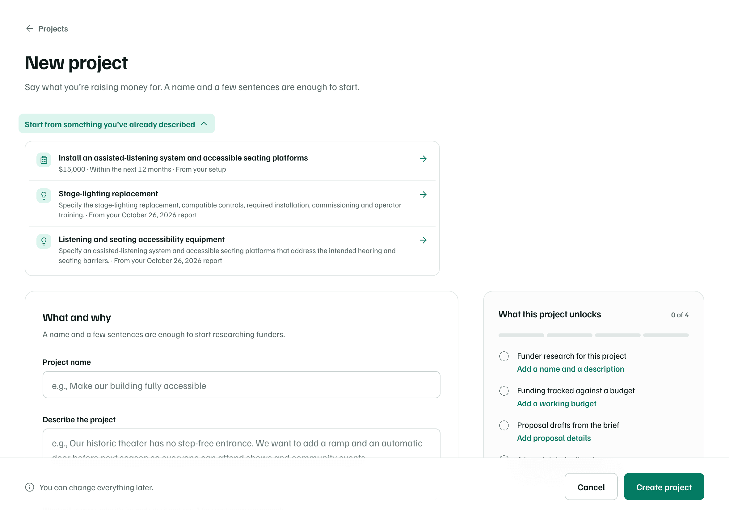 The New project page with Start from something you've already described open: one idea from setup and two from the latest report above the brief form.