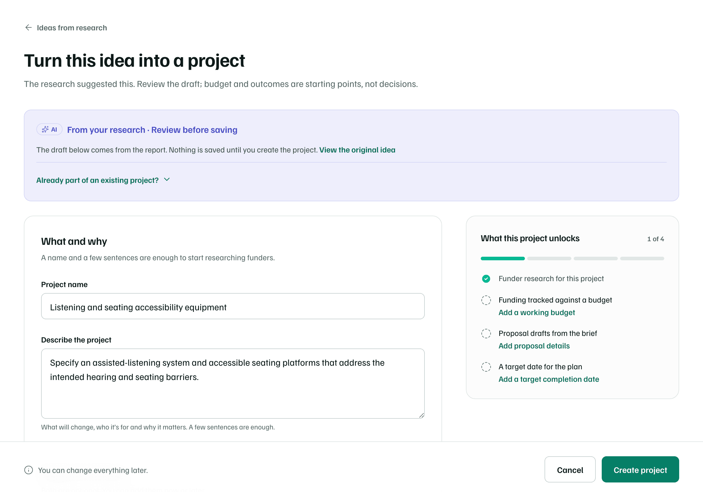 Turn this idea into a project: a report idea's name and description filled in under From your research · Review before saving, with What this project unlocks beside the form.