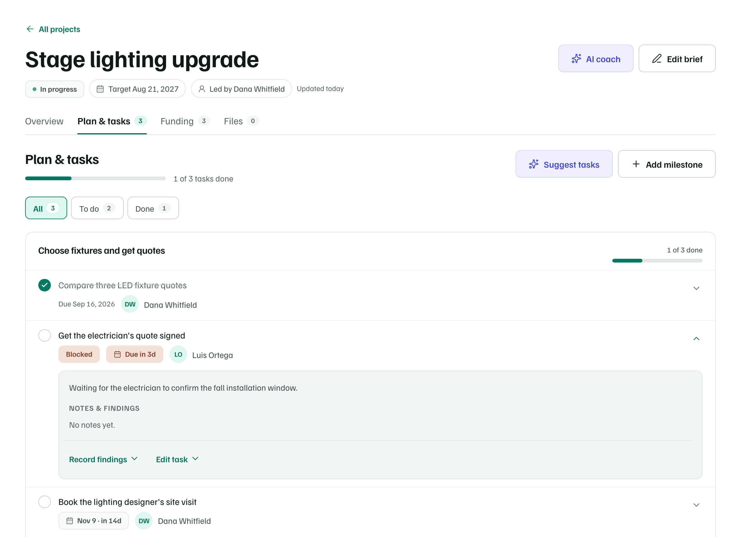 The Plan & tasks tab: progress, the All, To do and Done filters, and a milestone with a done task, a blocked task opened to show its notes, and a task due in two weeks.