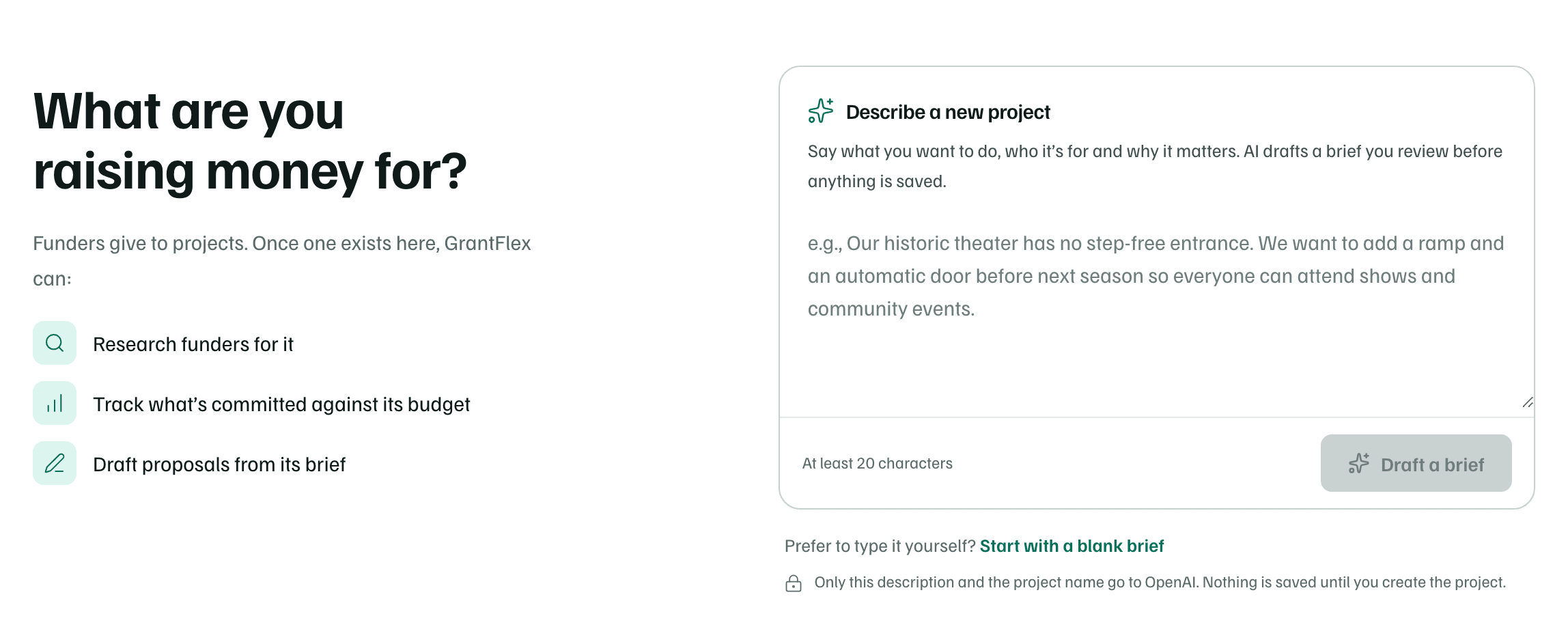 The Projects page before any project exists: What are you raising money for? beside the Describe a new project box and its Draft a brief button.