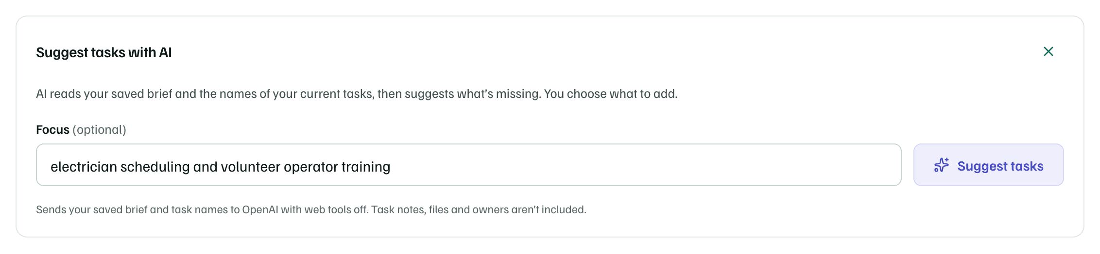 The Suggest tasks with AI panel: what AI reads, an optional focus, the Suggest tasks button and what's sent to OpenAI.
