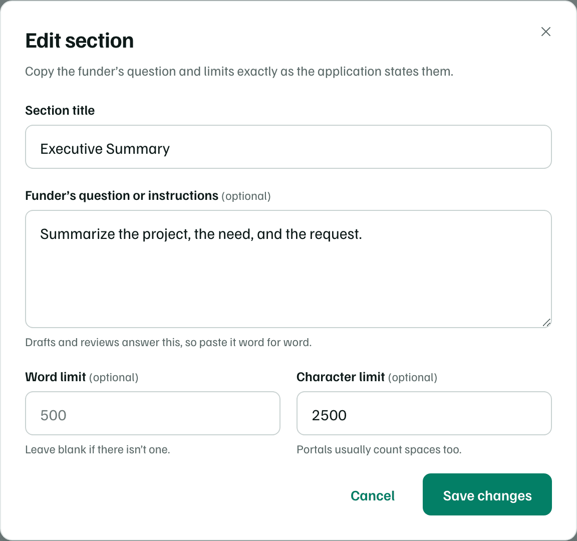 The Edit section dialog for Executive Summary: Section title, the funder's question or instructions, an optional word limit, and a 2,500-character limit.