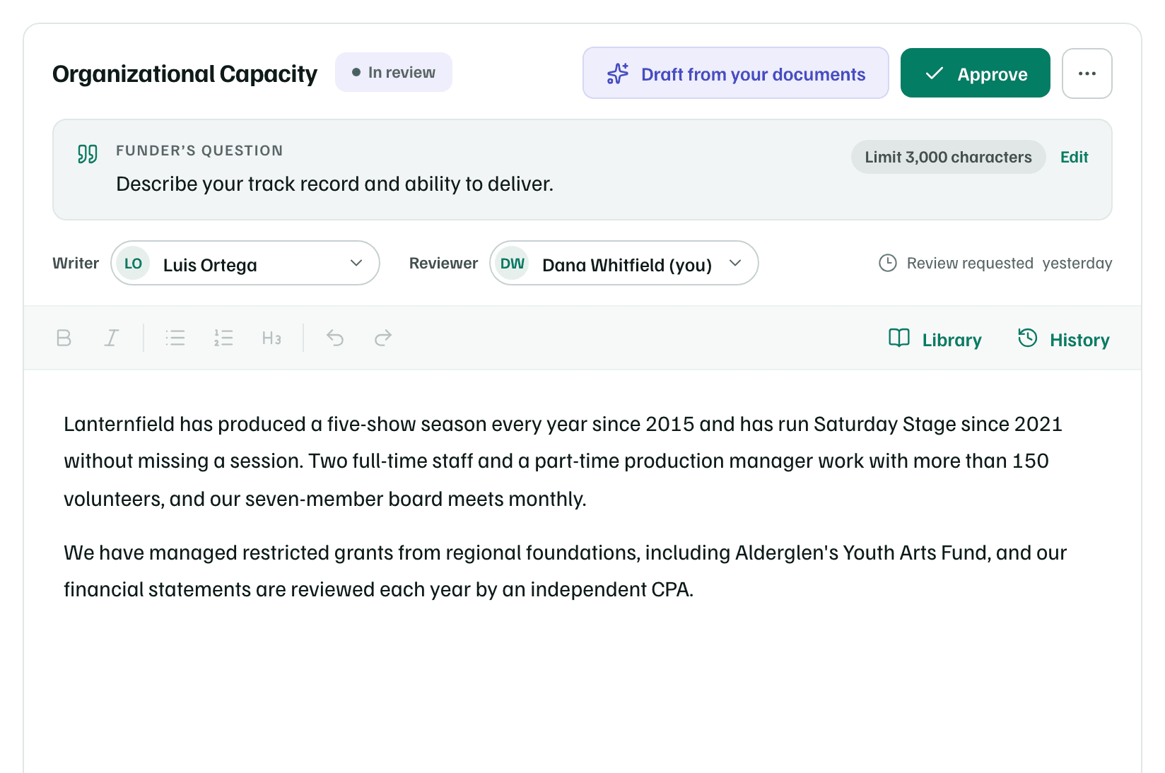 Organizational Capacity In review: Luis Ortega is the writer, Dana Whitfield the reviewer, and a line says when the review was requested.