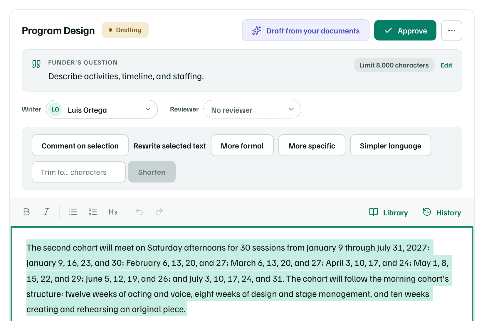 Program Design with its text selected, and the bar that offers Comment on selection and Rewrite selected text: More formal, More specific, Simpler language and Shorten.
