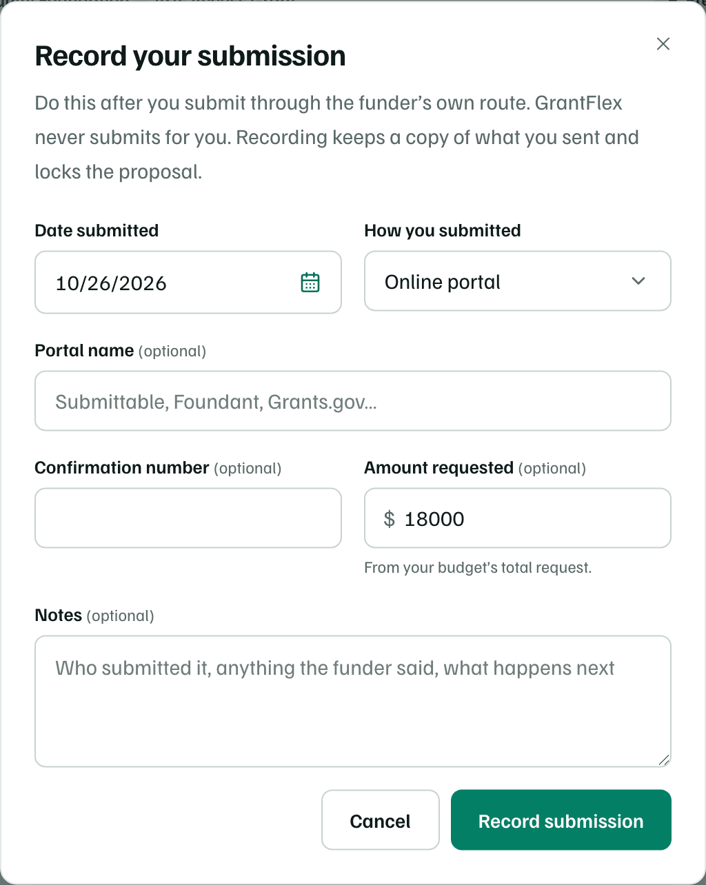 The Record your submission dialog: Date submitted, How you submitted, Portal name, Confirmation number, Amount requested from the budget, and Notes.