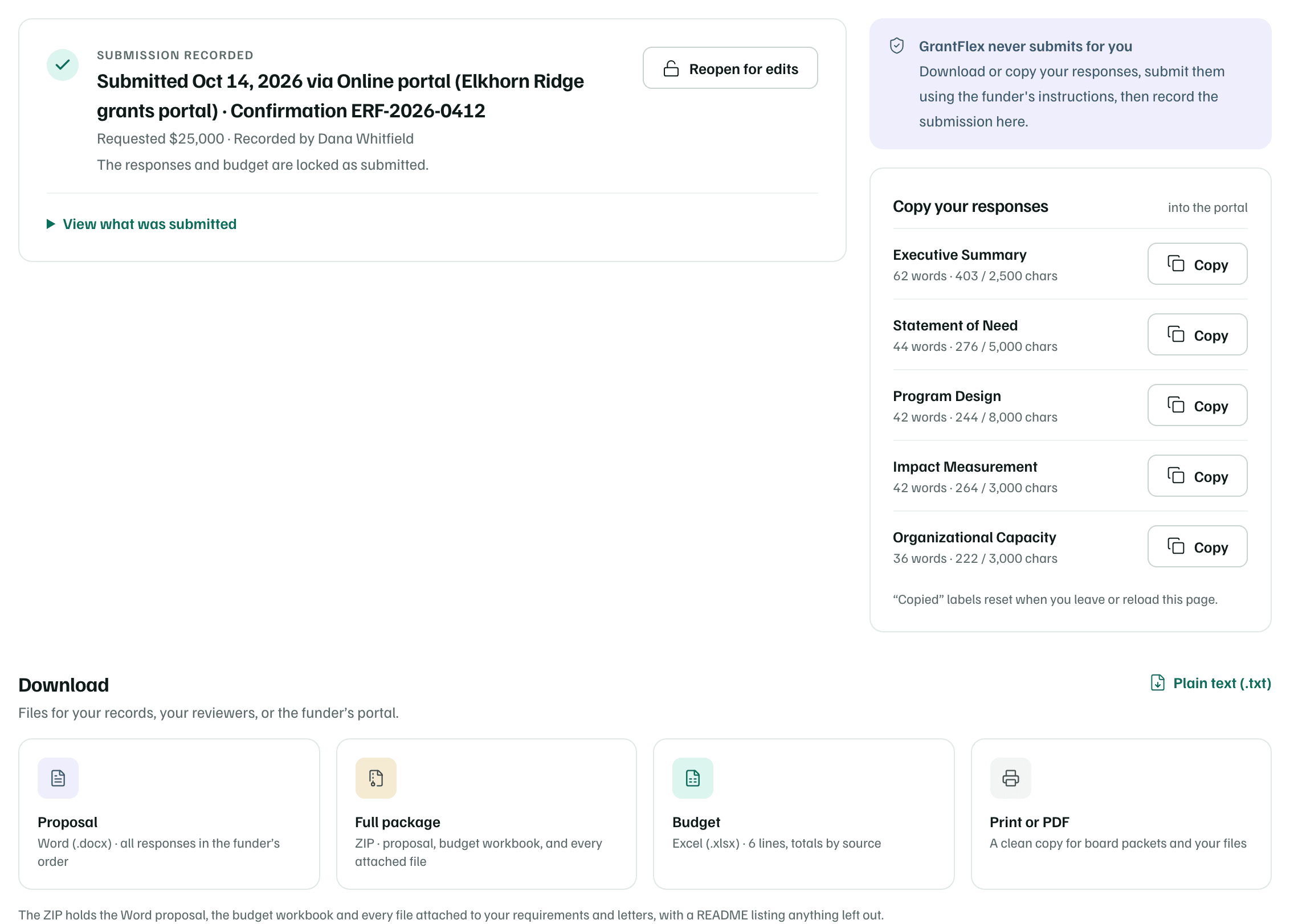 The Package tab of the submitted Community Stages proposal: Submission recorded with the date, portal and confirmation number, Reopen for edits, and View what was submitted.