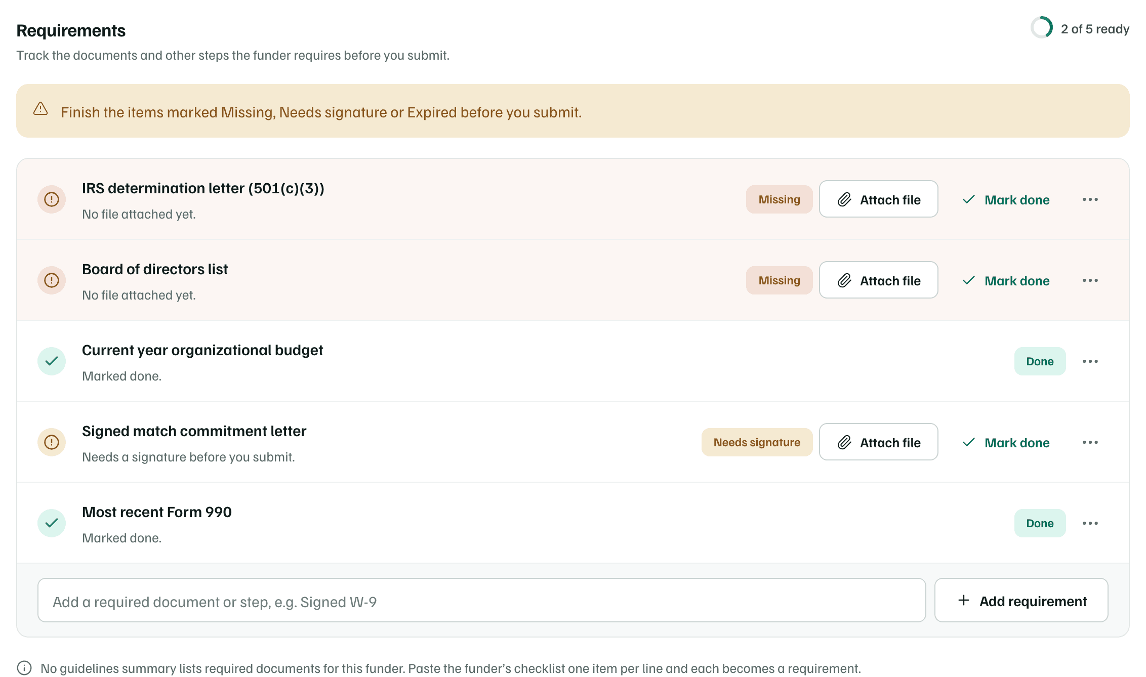 The Requirements tab, 2 of 5 ready: two items Missing, one Needs signature and two Done, with Attach file and Mark done on open items and Add requirement below.