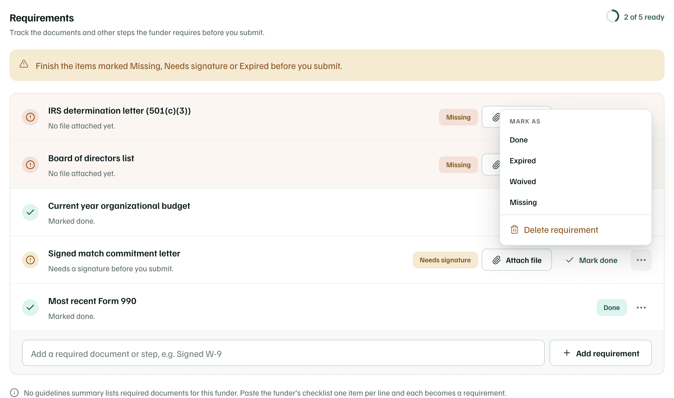 The options menu of the signed match commitment letter: Mark as Done, Expired, Waived or Missing, and Delete requirement.