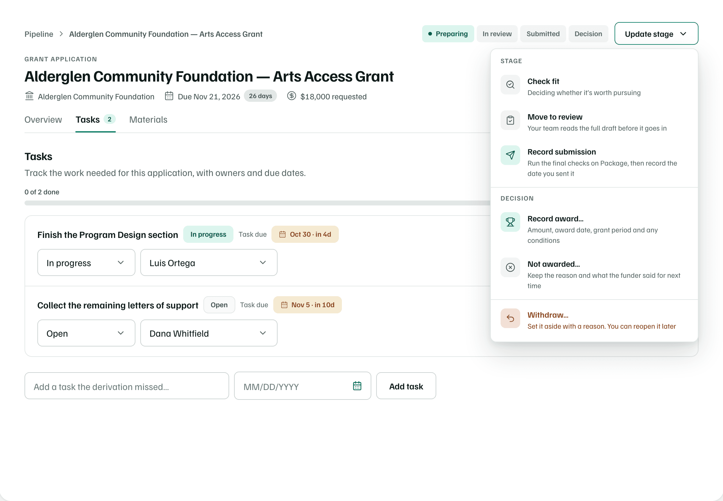 The proposal header with its stage steps and the Update stage menu open: Check fit, Move to review and Record submission, then Record award, Not awarded and Withdraw.