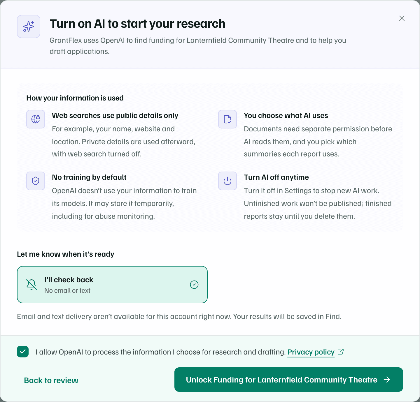 The Turn on AI to start your research dialog: how your information is used, how to hear when it's ready, the consent box and the Unlock Funding button.