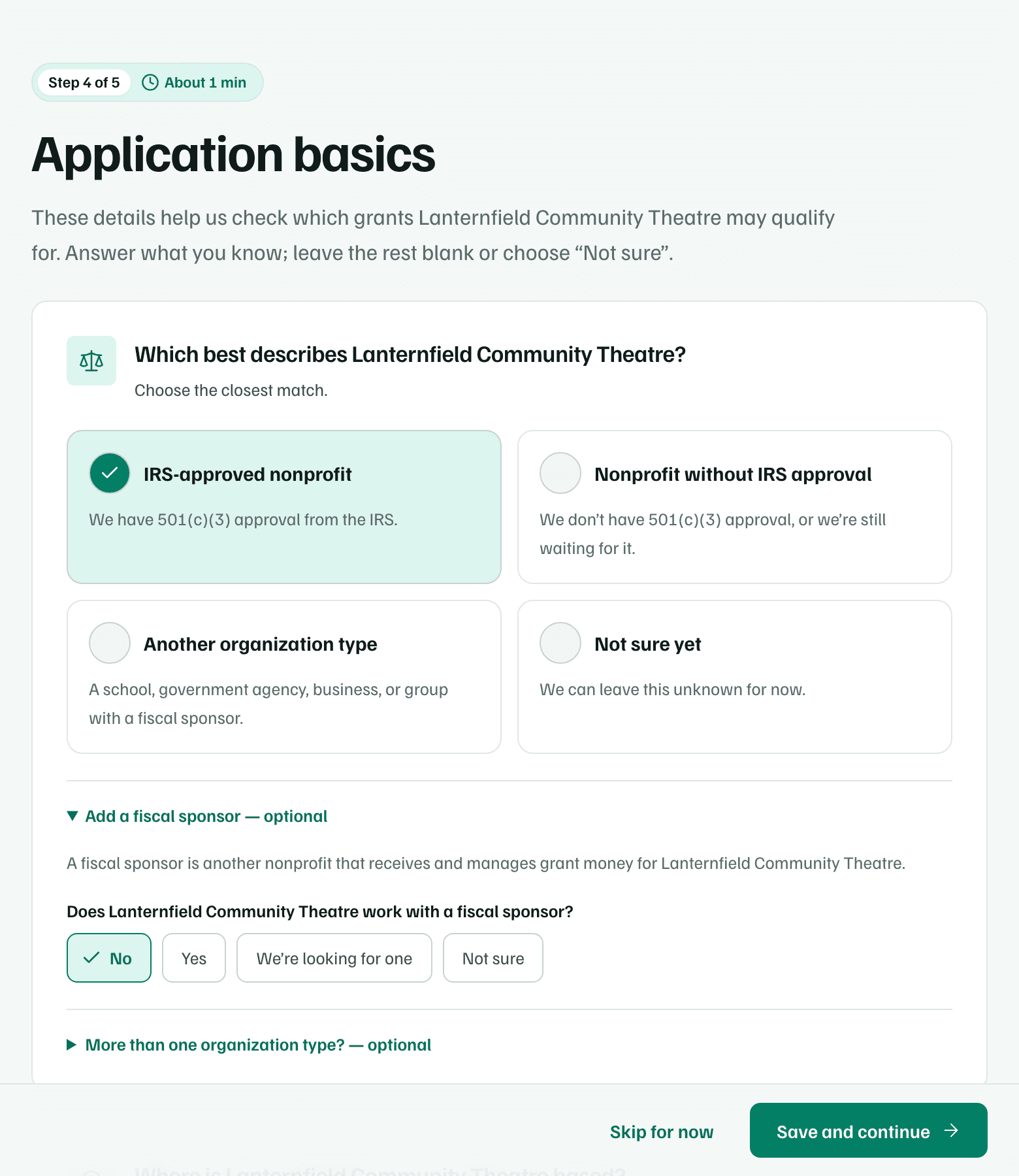 Step 4, Application basics, with IRS-approved nonprofit chosen as the closest match and the optional fiscal sponsor question below it.