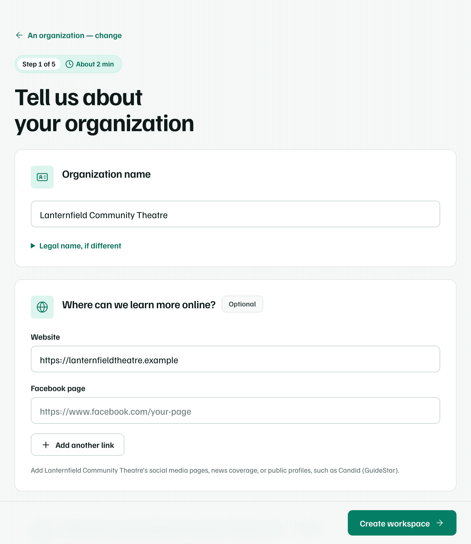 Tell us about your organization, step 1 of 5, with the organization name and website filled in and the Create workspace button below.