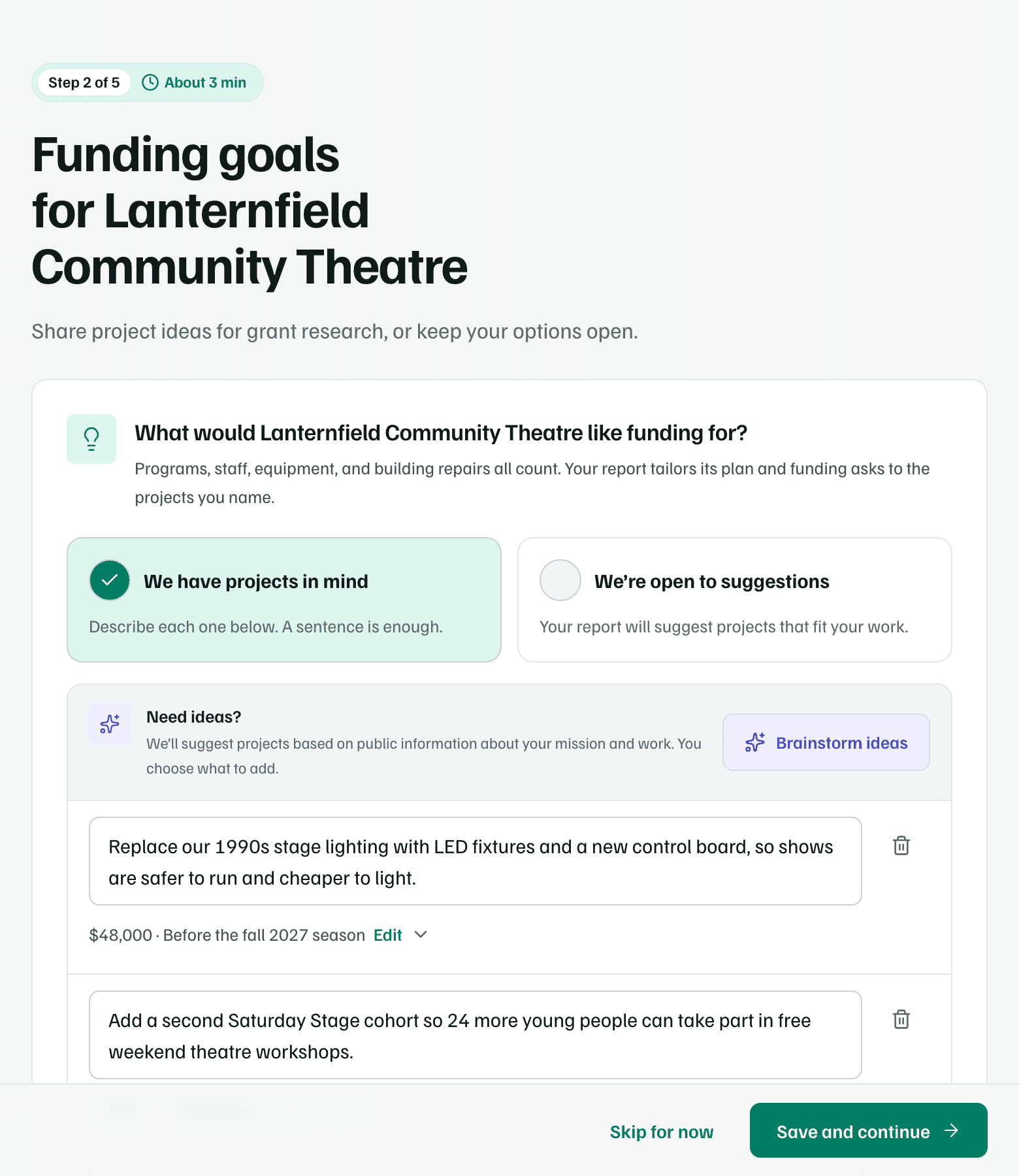 Step 2, Funding goals for Lanternfield Community Theatre, with We have projects in mind chosen, the Brainstorm ideas button and the first project ideas.