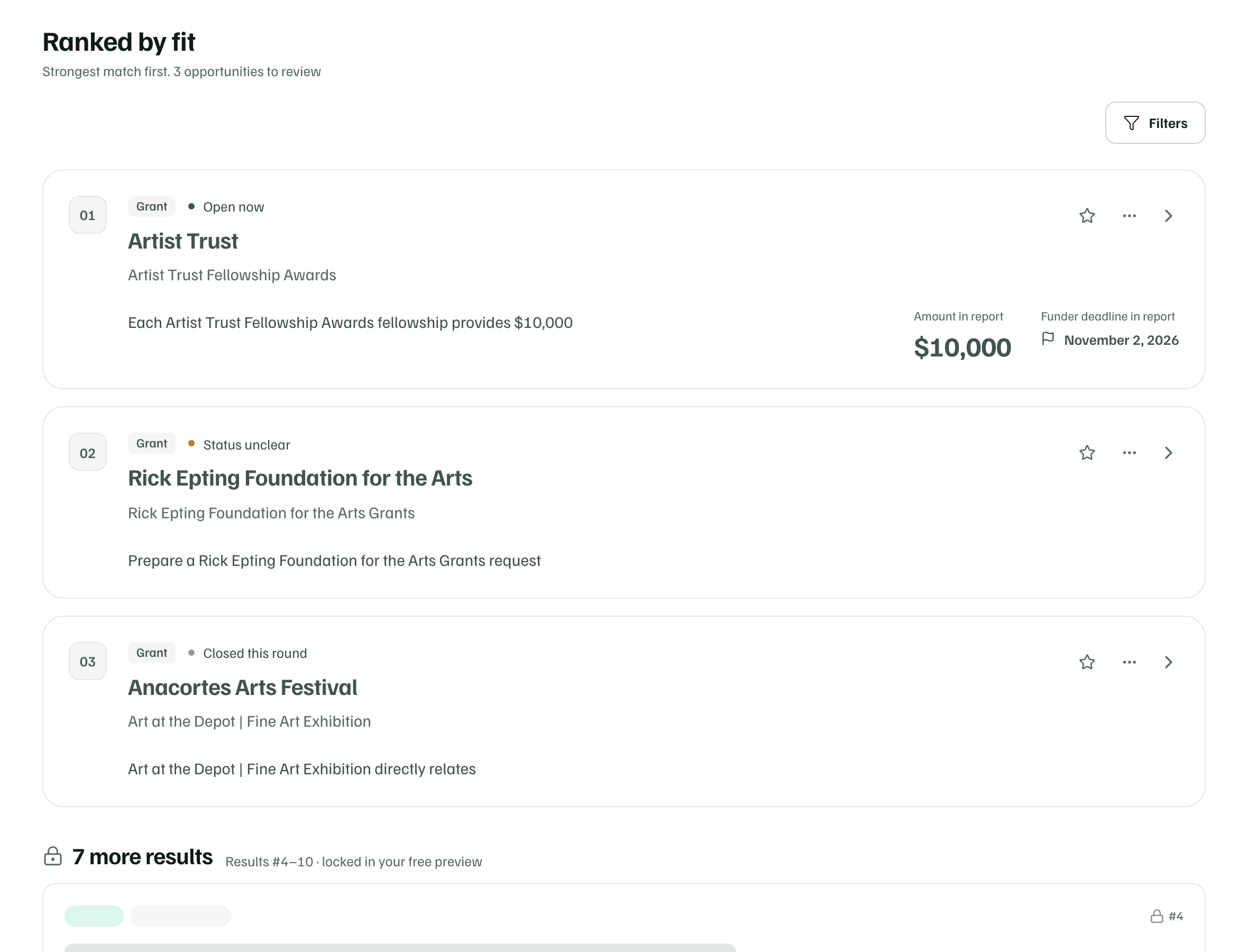 Mara Quinn's free preview: three opportunities ranked by fit, each with its funder, status and type, and 7 more results locked below them.