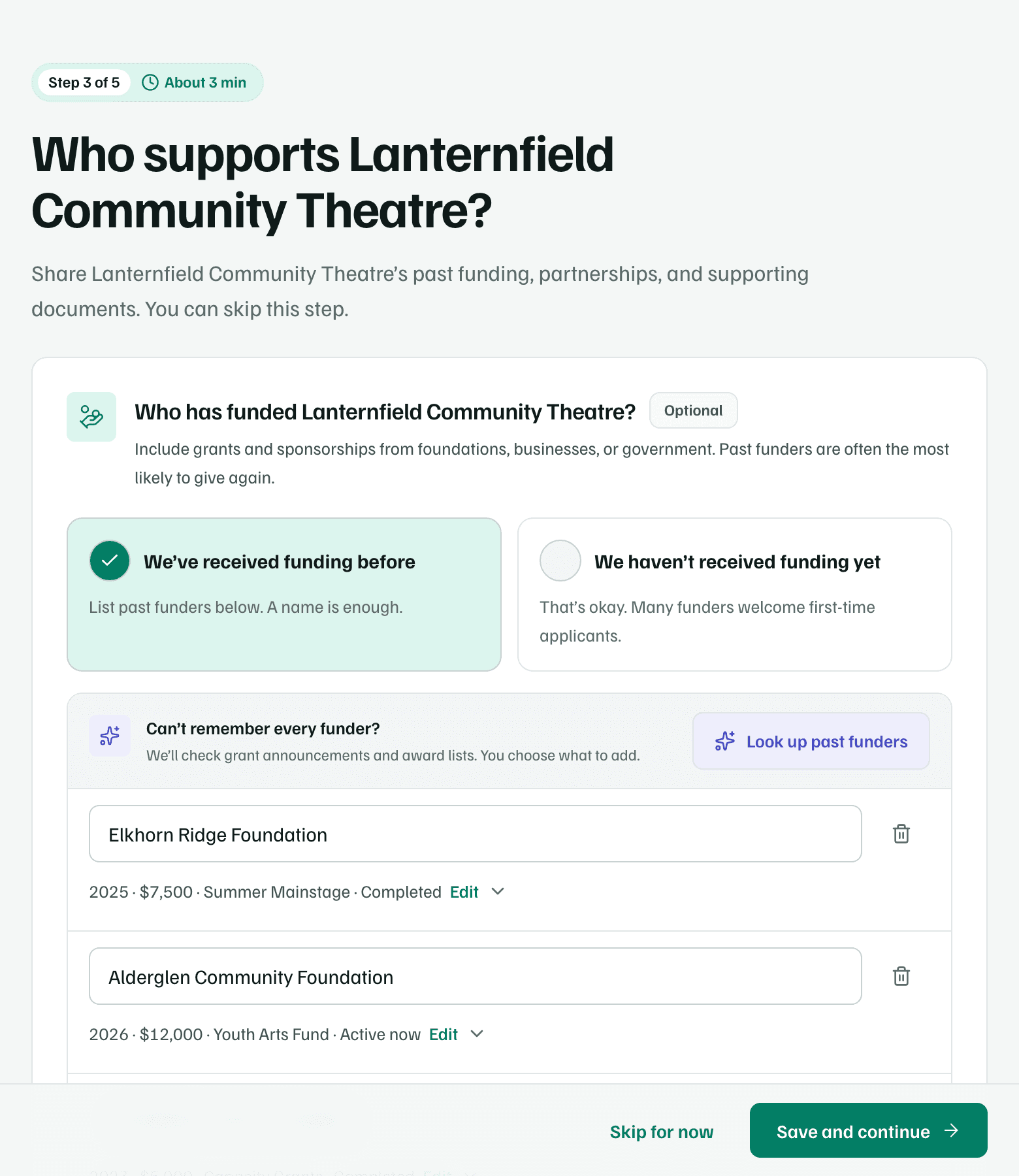 Step 3, Who supports Lanternfield Community Theatre?, with We've received funding before chosen, the Look up past funders button and the first past funders.