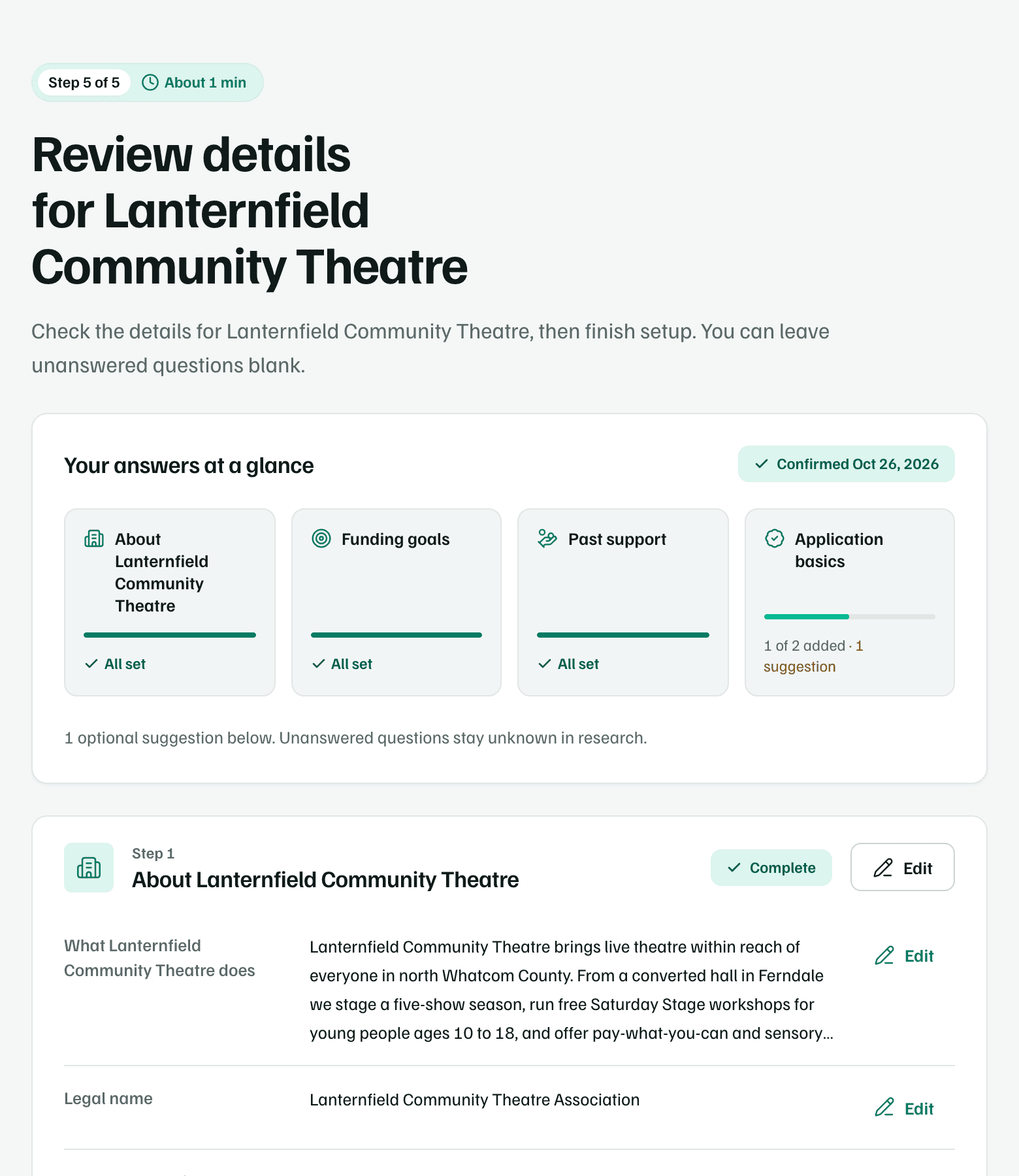 Step 5, Review details for Lanternfield Community Theatre: Your answers at a glance, one card for each earlier step, then the first step's answers with Edit buttons.
