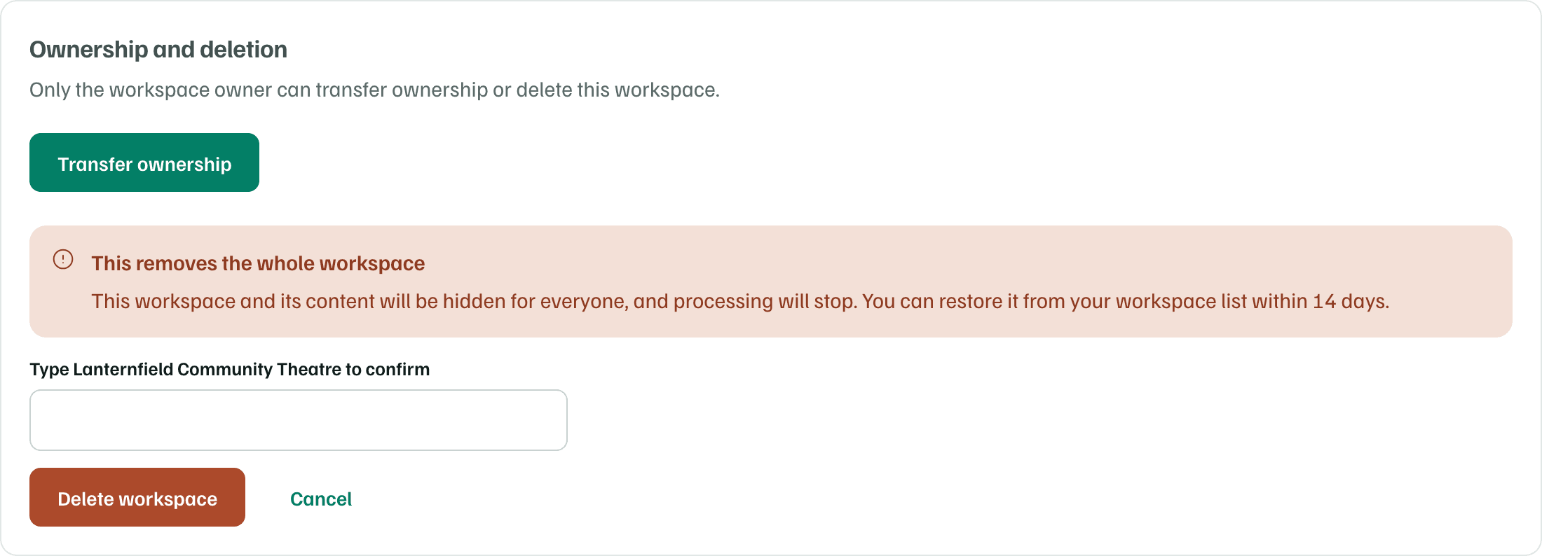 Ownership and deletion with Delete workspace opened: Transfer ownership, a warning that the workspace can be restored within 14 days, and a field to type Lanternfield Community Theatre to confirm.