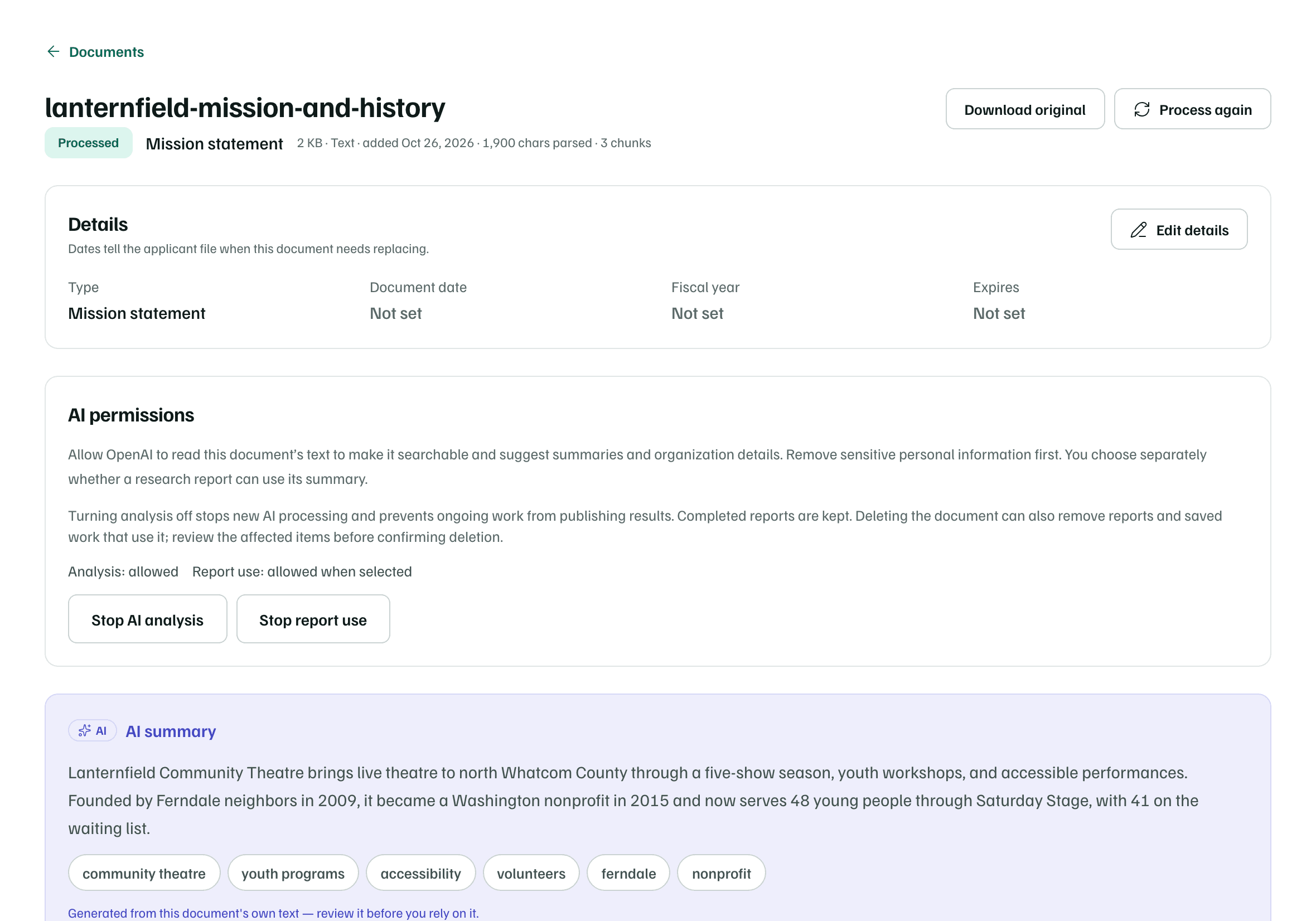 A document's page with its AI permissions, Analysis: allowed and Report use: allowed when selected, with Stop AI analysis and Stop report use, above its AI summary.