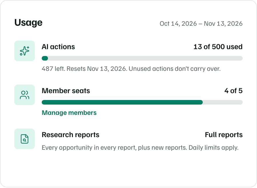 The Usage card on the Team plan: AI actions used this billing month and when they reset, member seats, and full research reports.