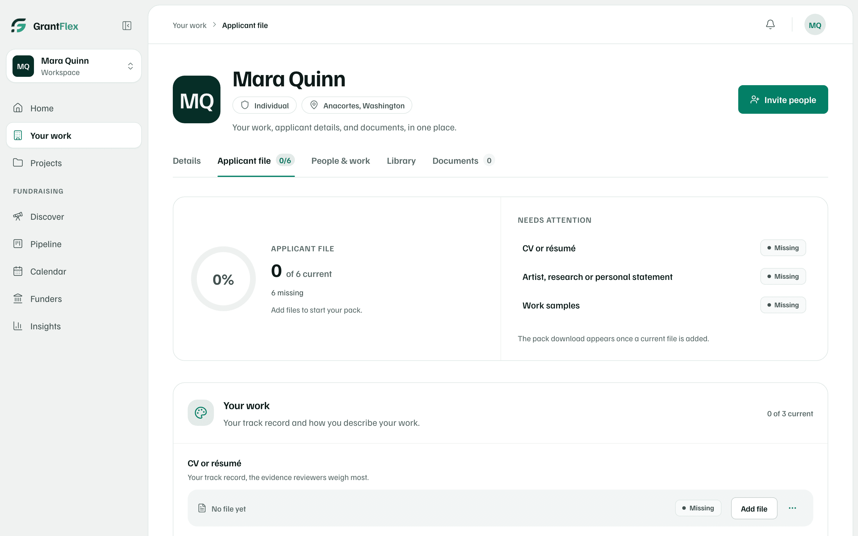 An individual's workspace: the sidebar says Your work, the tabs include People & work, and the Applicant file lists 6 items, such as a CV or résumé and work samples.