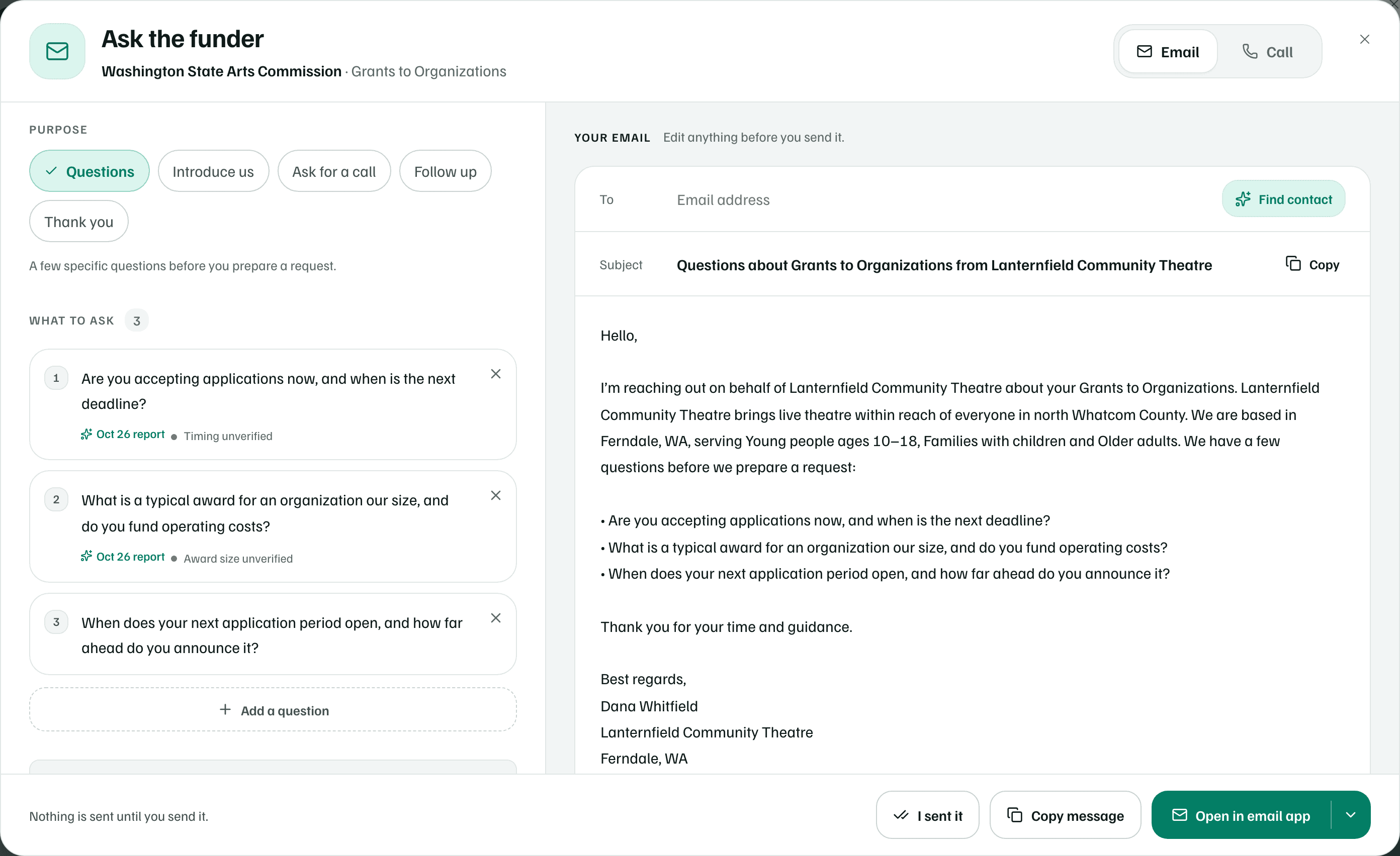 Ask the funder with three questions to ask, the last about when the next application period opens, and the email beside them listing all three.