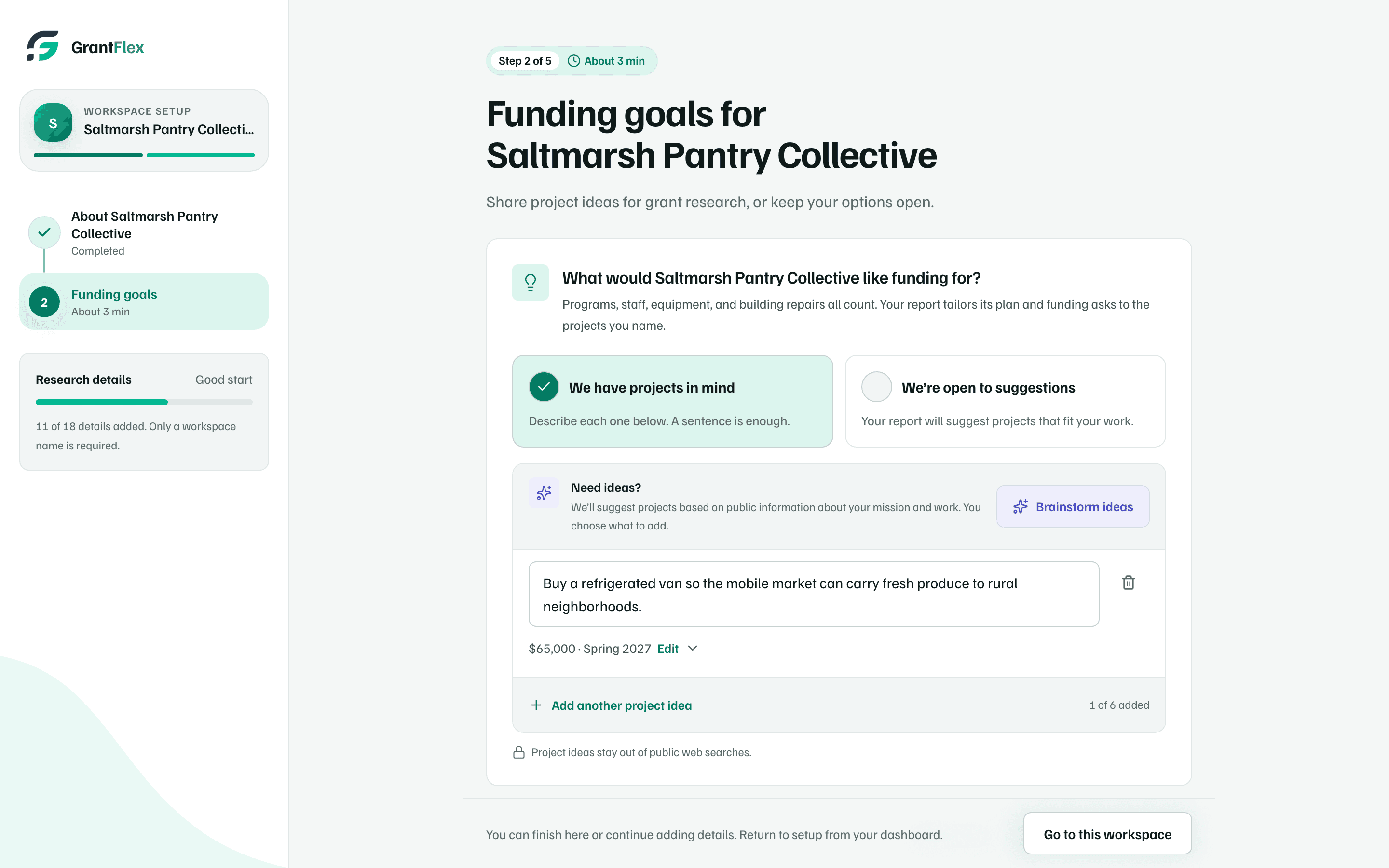 Funding goals for Saltmarsh Pantry Collective, a client workspace: the setup rail lists only the first two steps, and Go to this workspace ends setup there.