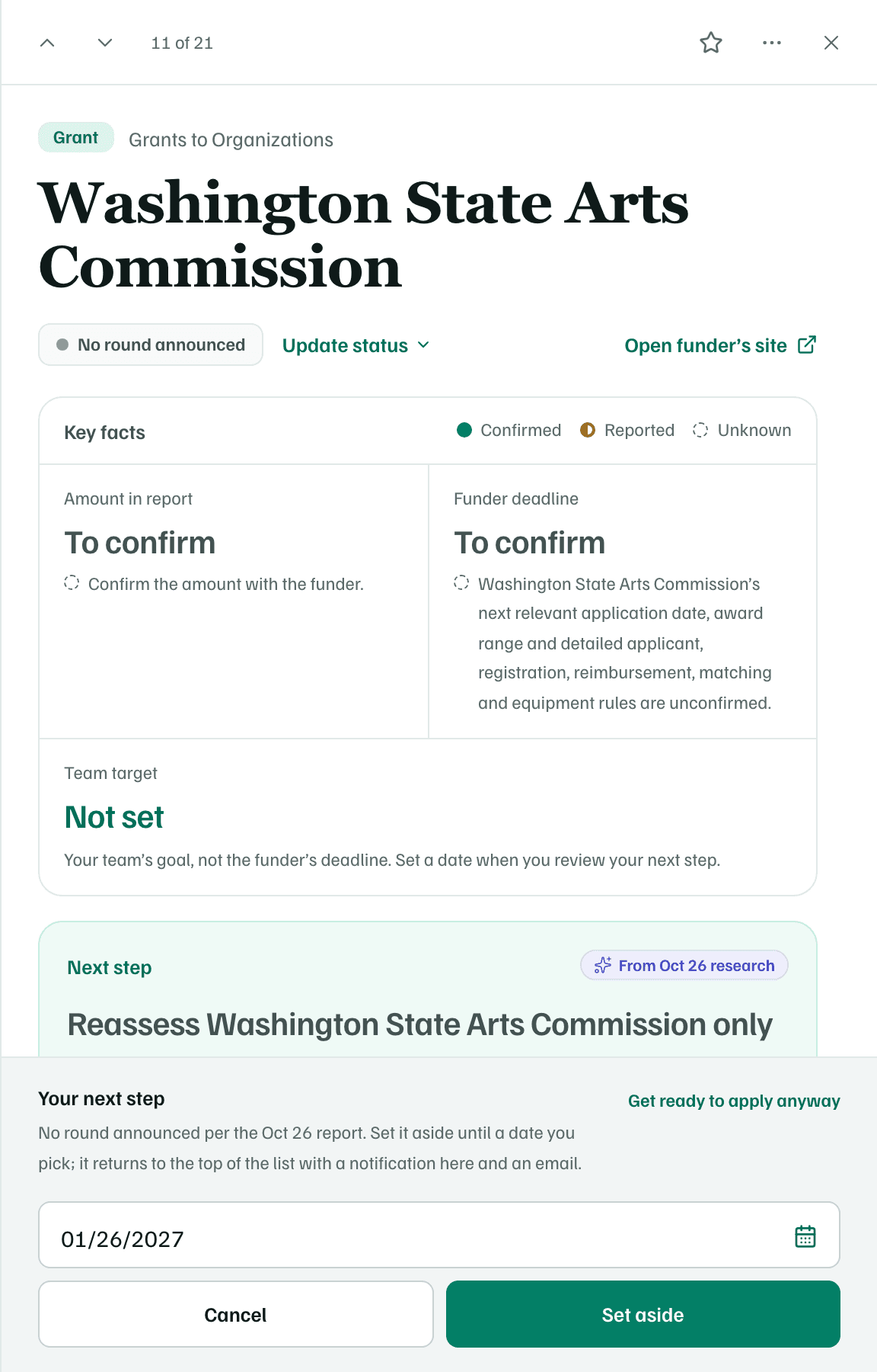 An opportunity marked No round announced, with Set aside until a date selected: a date three months out, ready to change, above Cancel and Set aside.