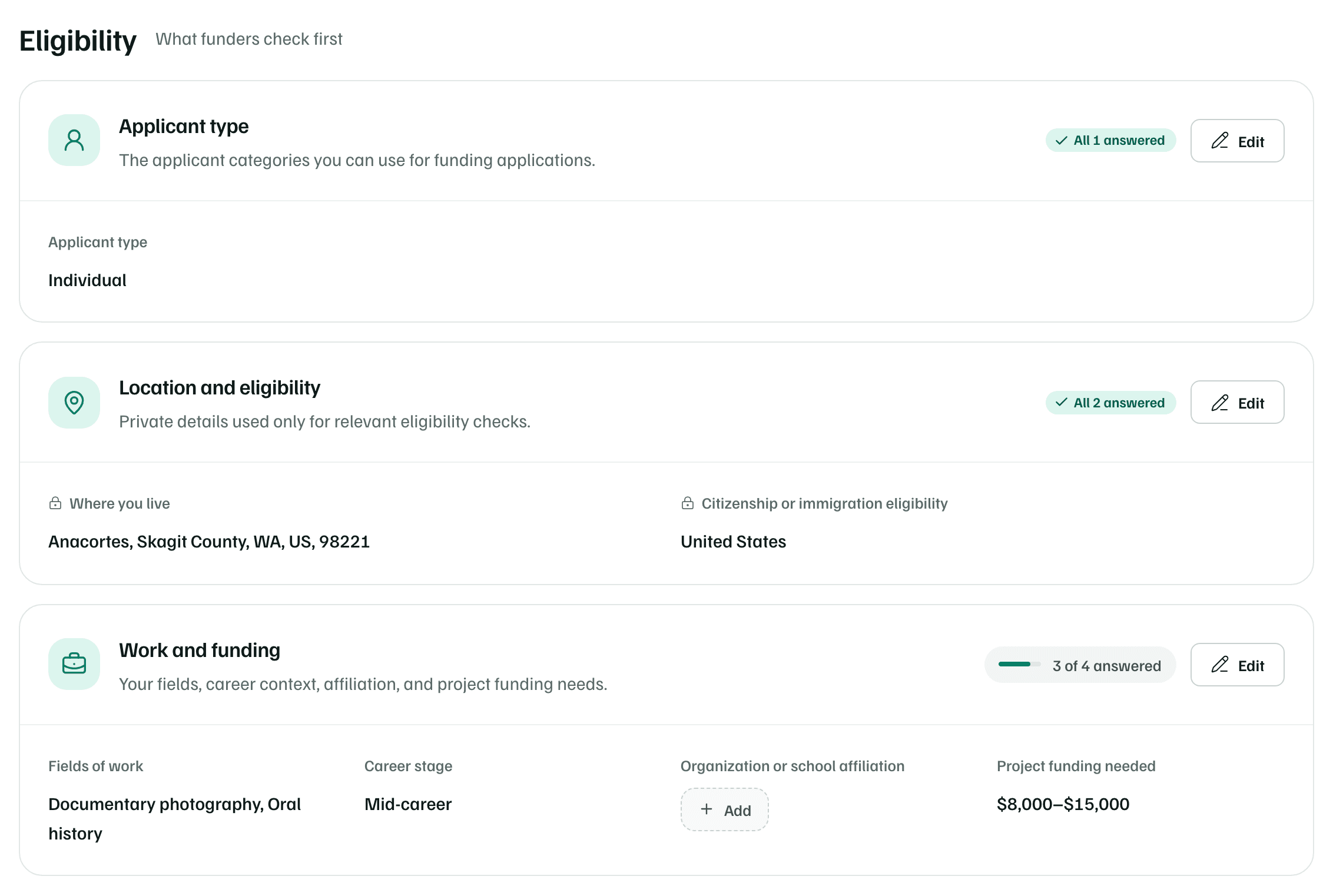 What funders check first, on Mara Quinn's Details tab: applicant type Individual, where she lives, citizenship, her fields and career stage, project funding needed, and an affiliation still to add.