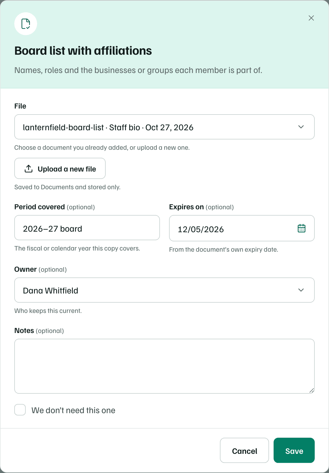 The Board list with affiliations dialog: the linked file, Period covered, Expires on, Owner and Notes fields, and the We don't need this one box.