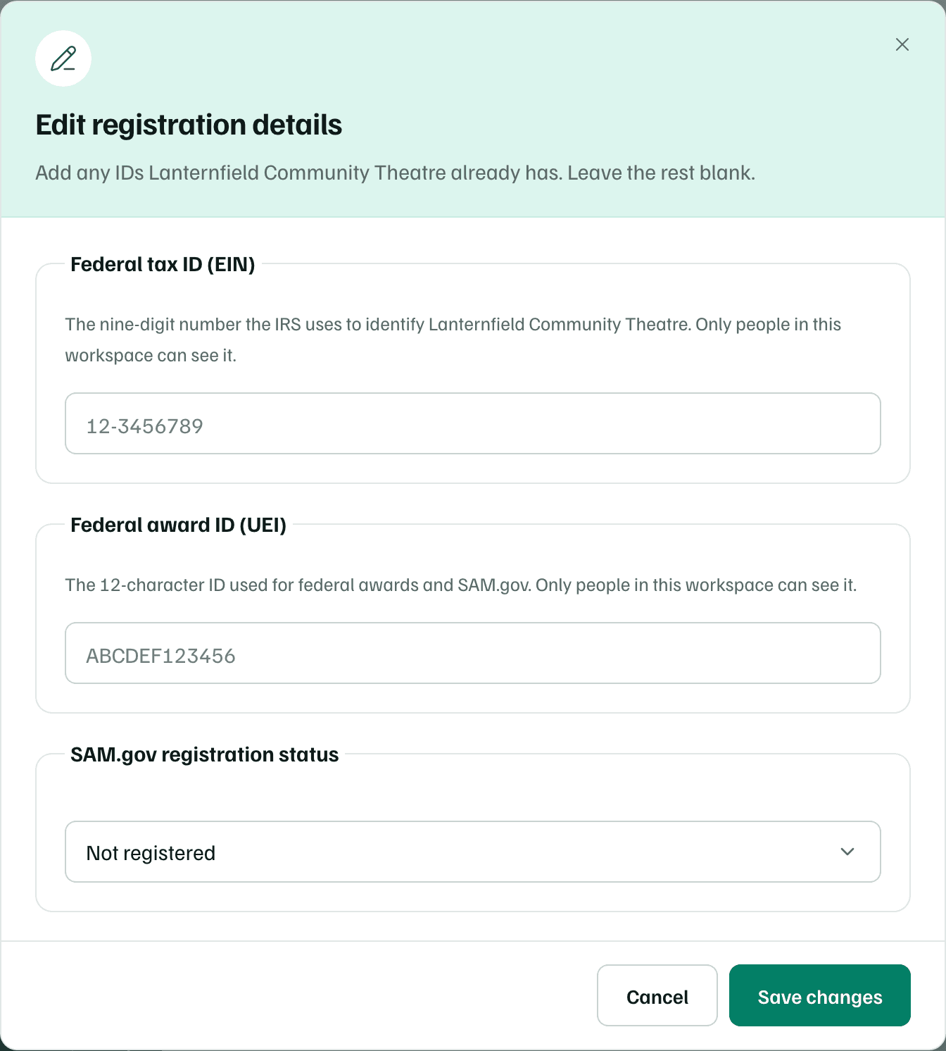 The Edit registration details dialog: empty Federal tax ID (EIN) and Federal award ID (UEI) fields, SAM.gov registration status set to Not registered, and Save changes.