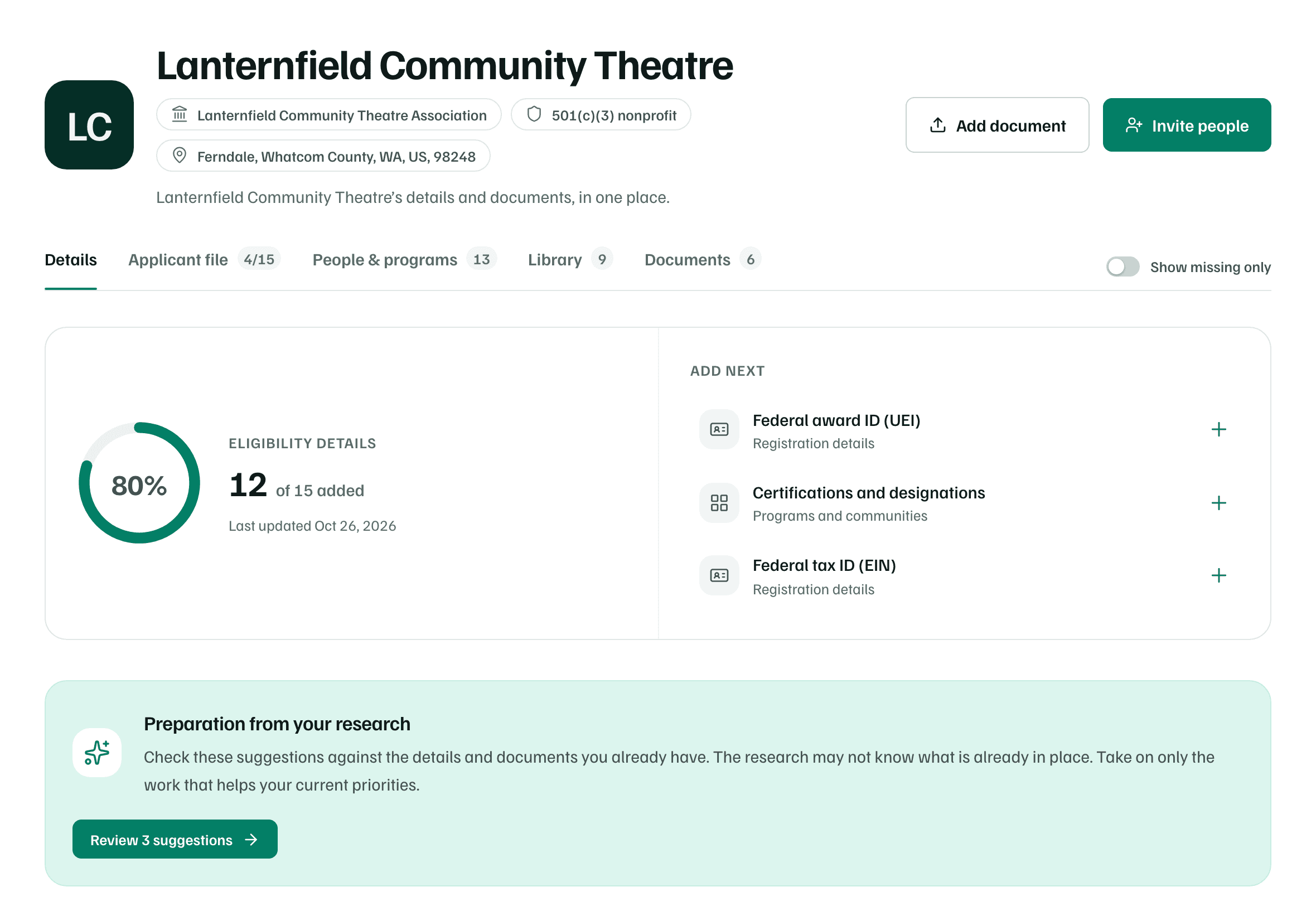 The Organization page on the Details tab: the Eligibility details count with its progress ring, the Add next list, and the Preparation from your research band.