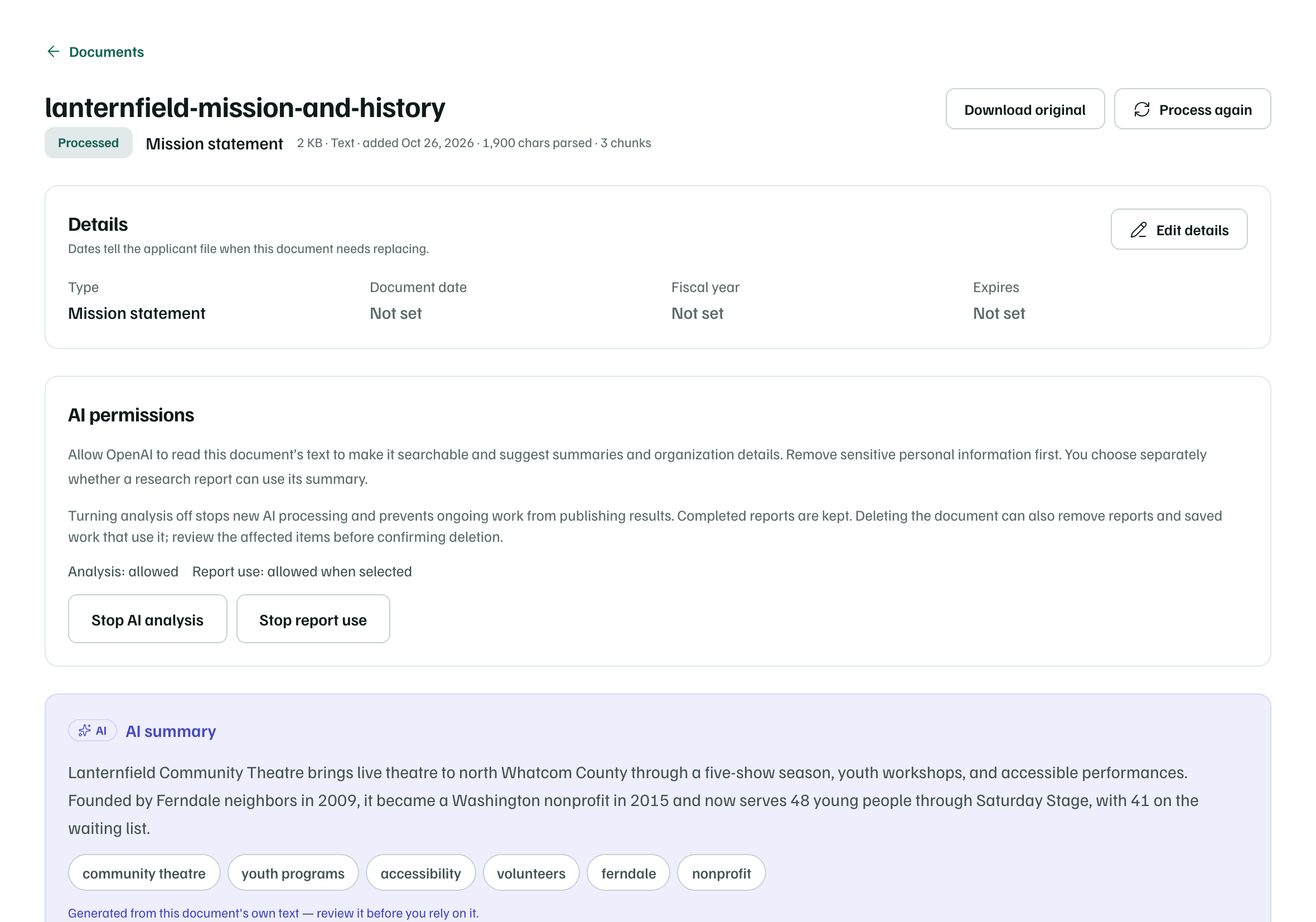 A document's page: its Details, the AI permissions with analysis and report use allowed, and the AI summary with tags.