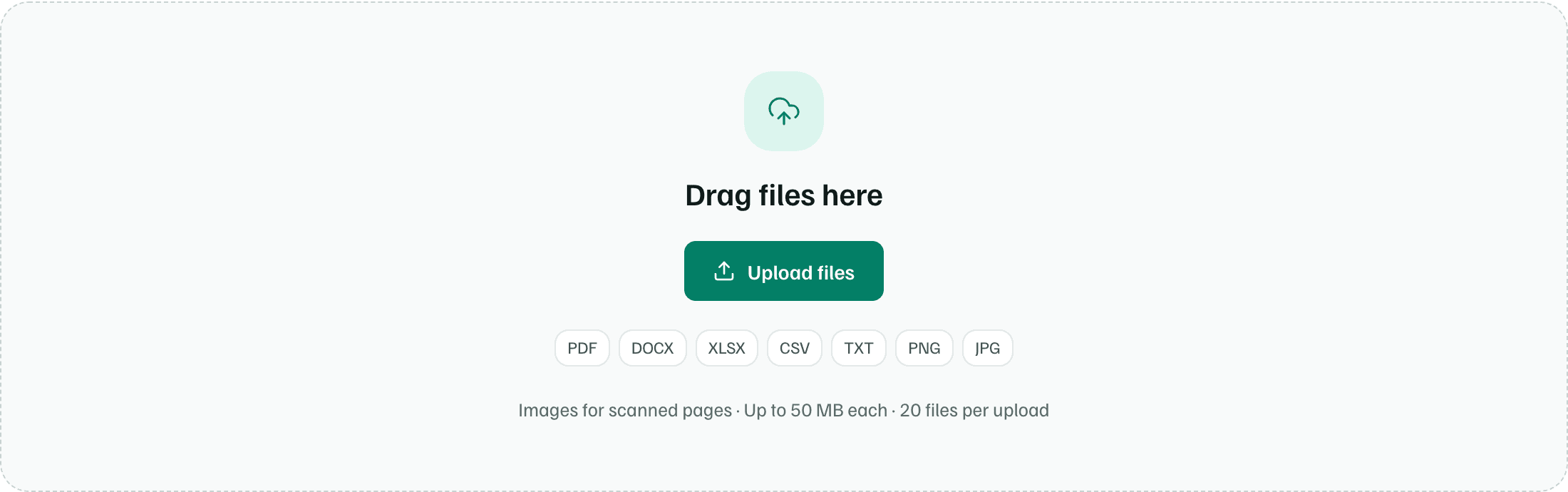 The upload area: Drag files here, the Upload files button, the accepted types from PDF to JPG, and the size and count limits.