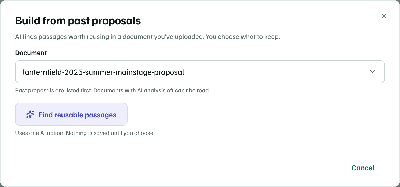 The Build from past proposals dialog, with a past proposal chosen and the Find reusable passages button, which uses one AI action.