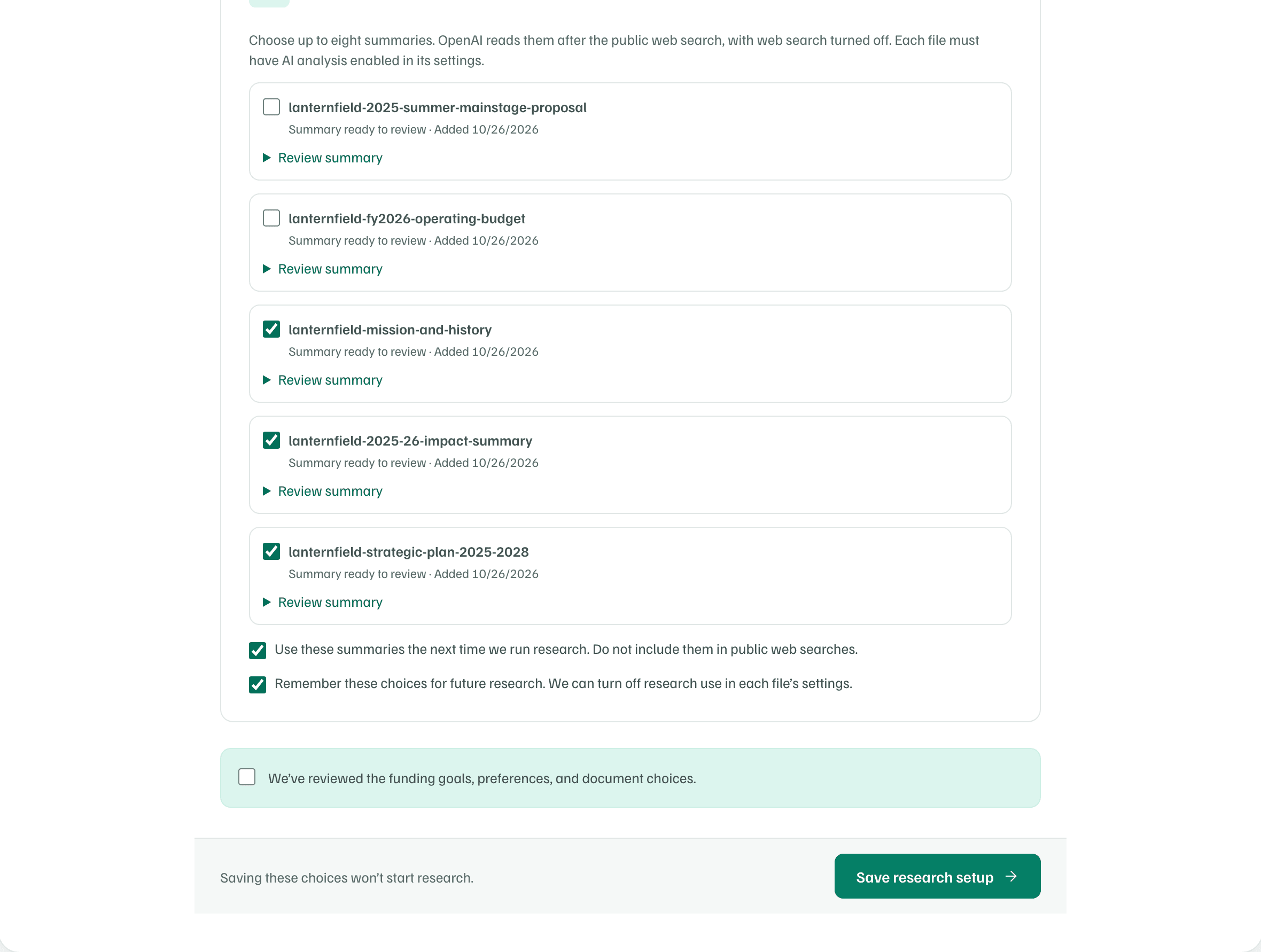 The end of Edit research setup: five document summaries with three ticked, the boxes to use and remember them, the review box and Save research setup.