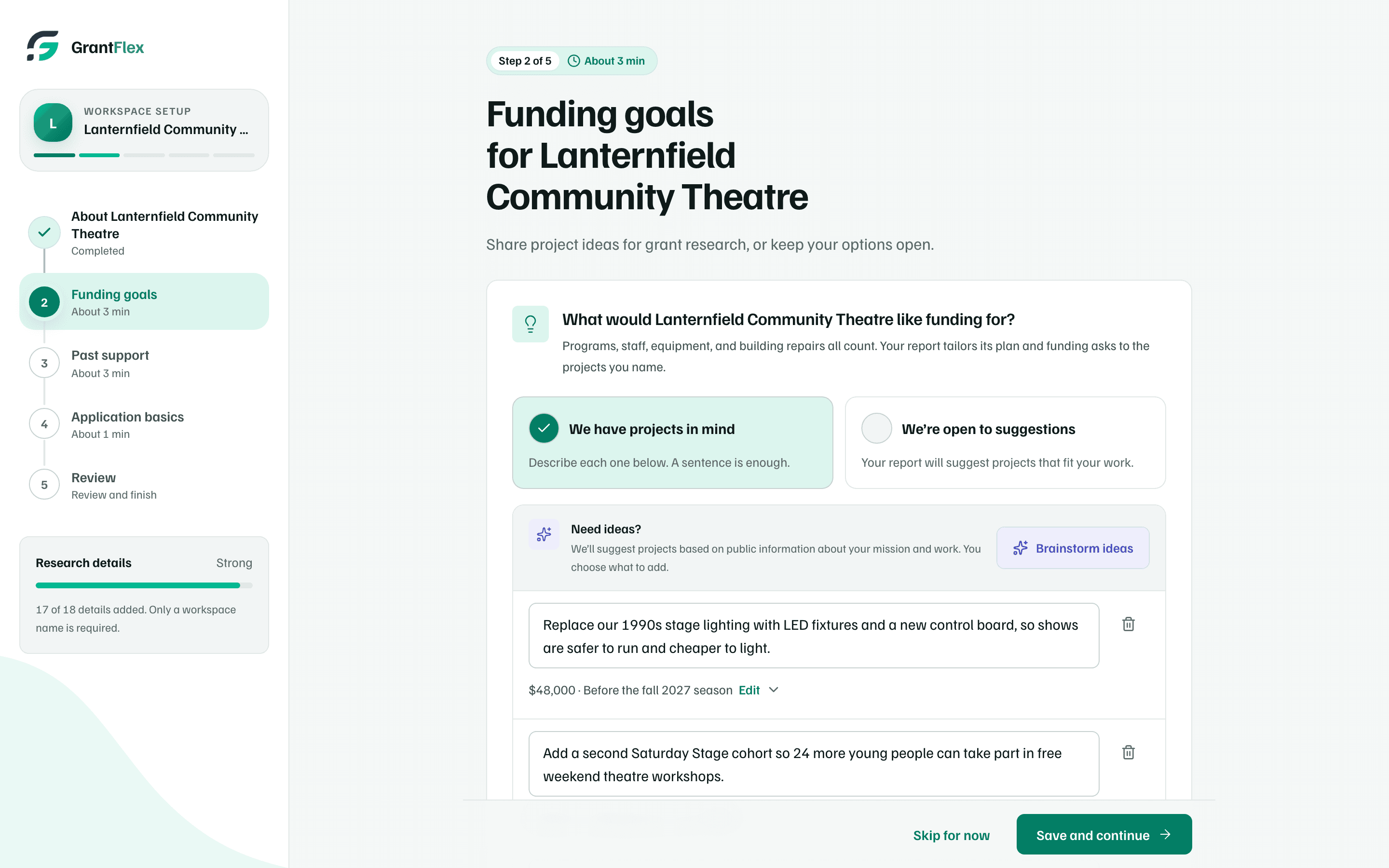 Step 2 of 5, Funding goals: We have projects in mind is chosen, with the Brainstorm ideas button and the theatre's project ideas, and Skip for now beside Save and continue.