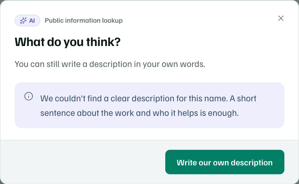 The Look up mission dialog after searching for Lanternfield Community Theatre: no clear description was found, with the Write our own description button.