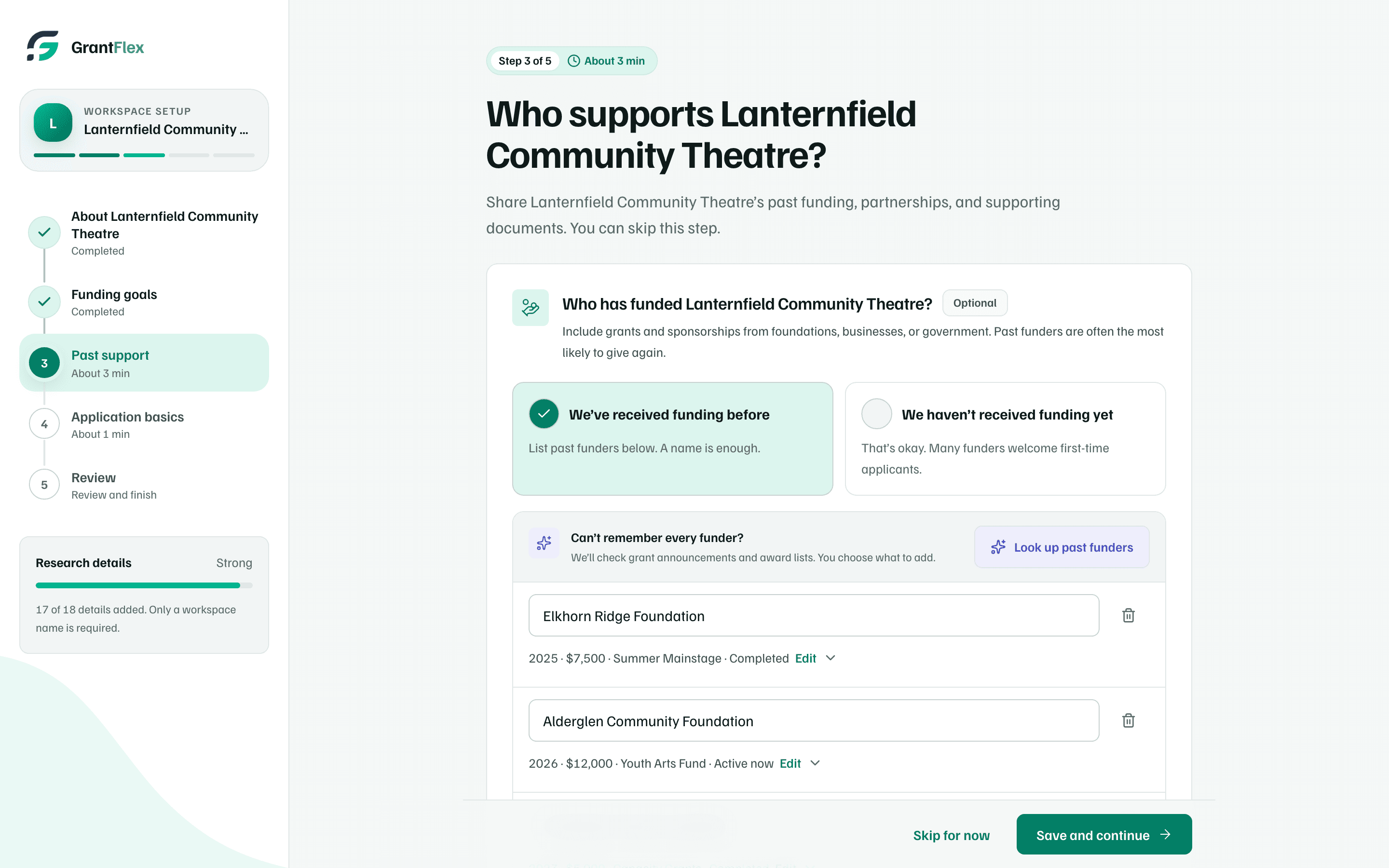 Step 3 of 5, Past support: the theatre's past funders with their year, amount and status, under the Look up past funders button.