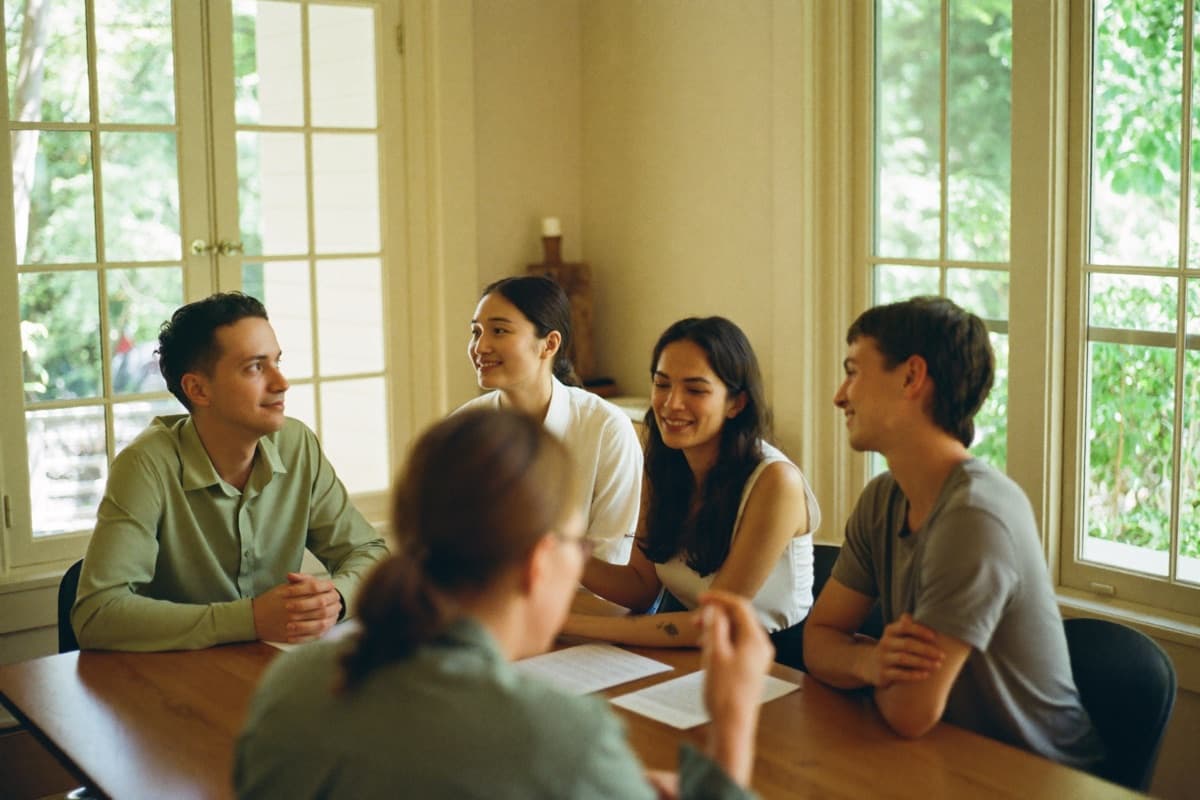 Four colleagues talking around a table in a sunlit community room.