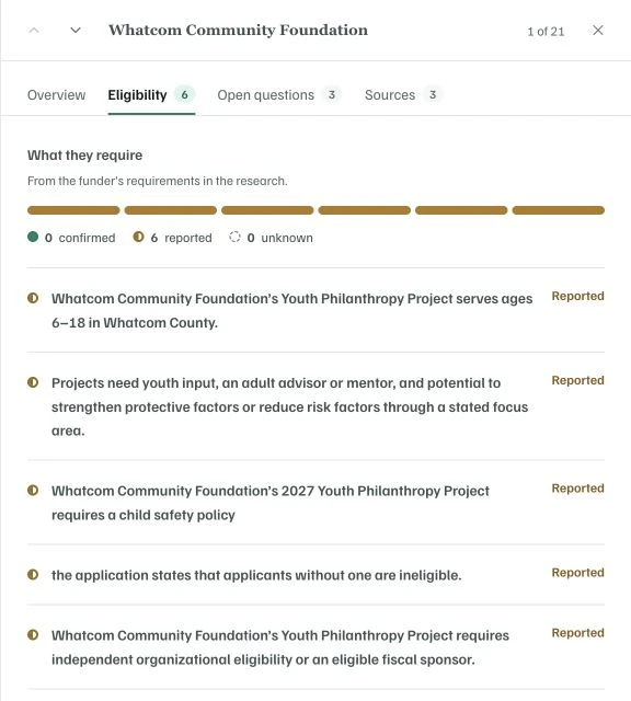 Actual opportunity detail showing reported eligibility requirements, including youth input, a child safety policy, and applicant or fiscal sponsor eligibility.
